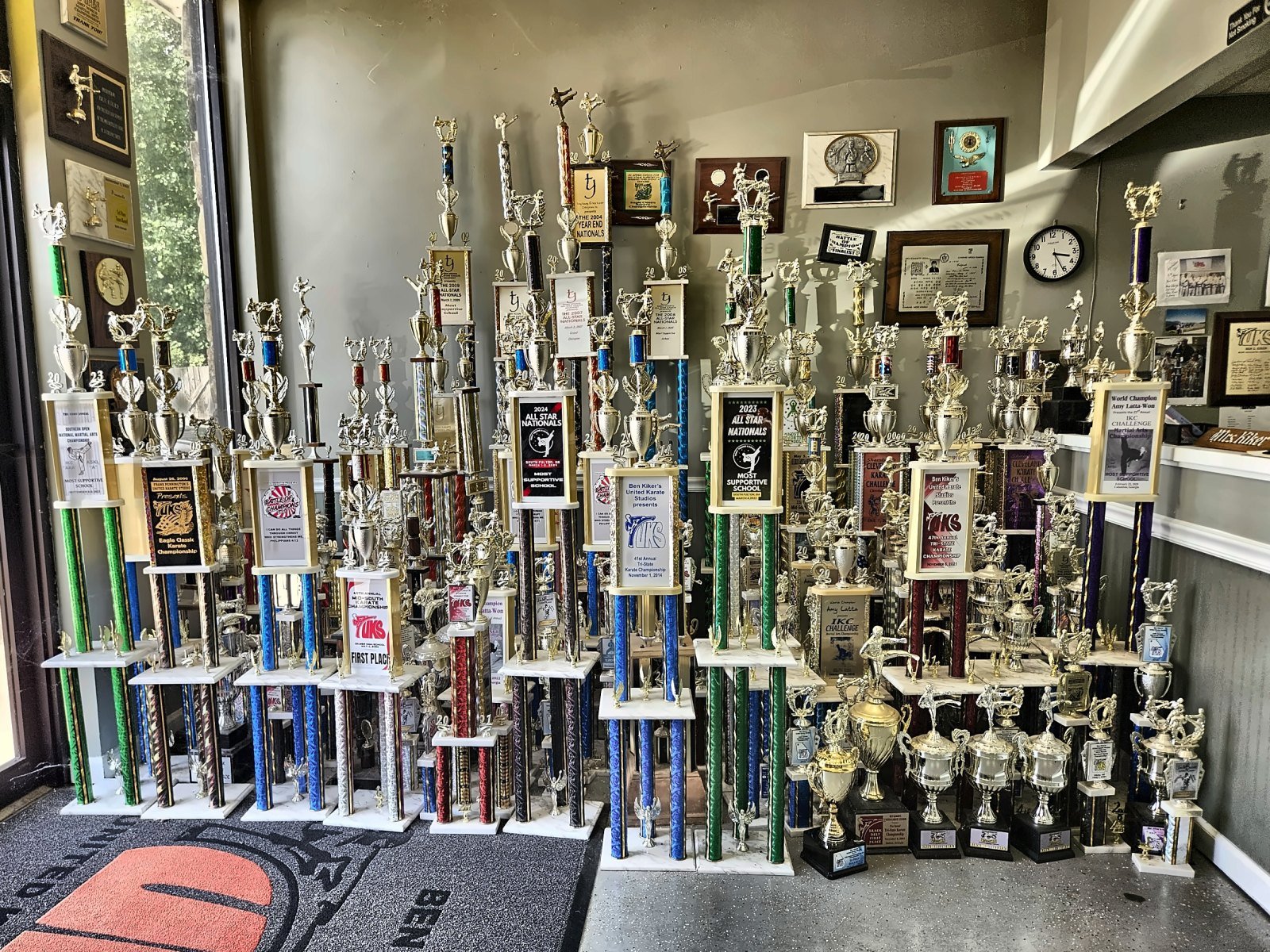 The trophy wall at United Karate Studio, 377 River Street, Ellijay, Georgia